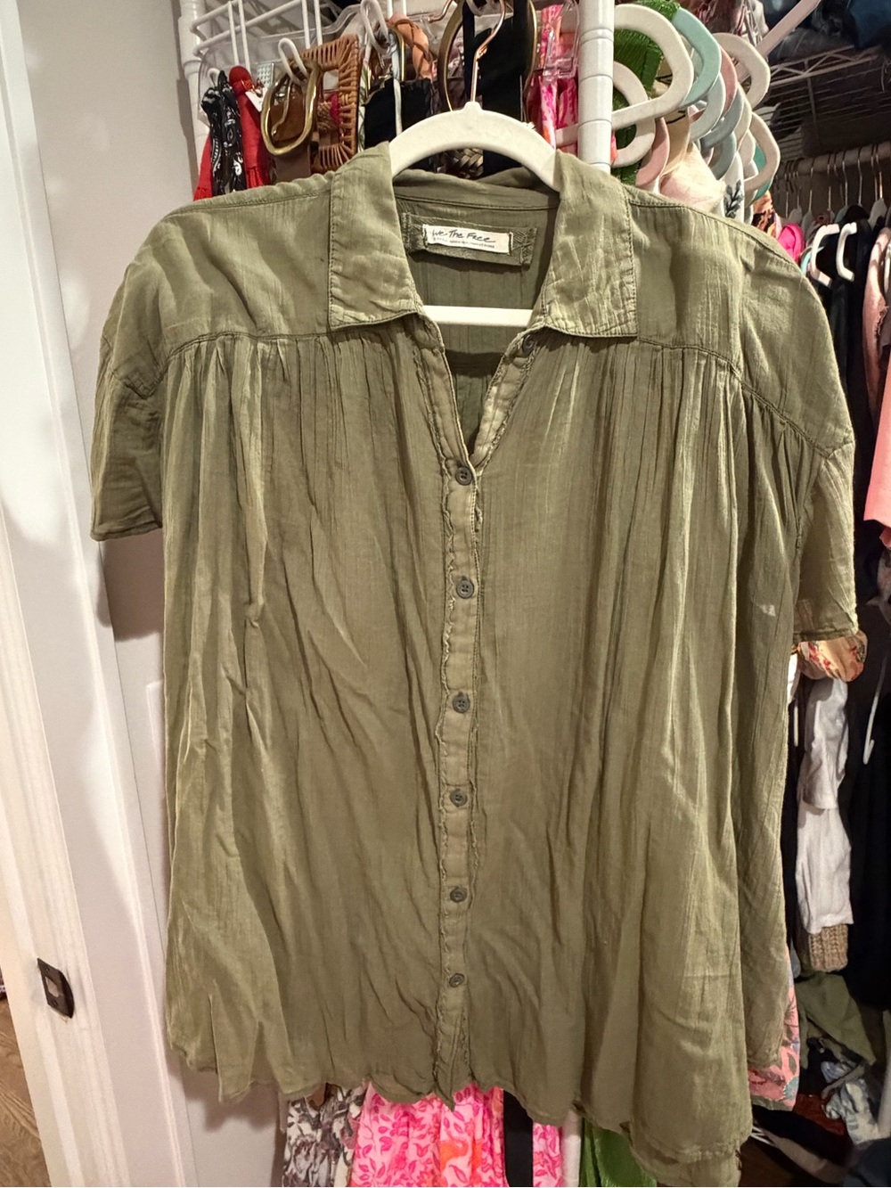 Free People Olive Green Button-Front Women's Shirt